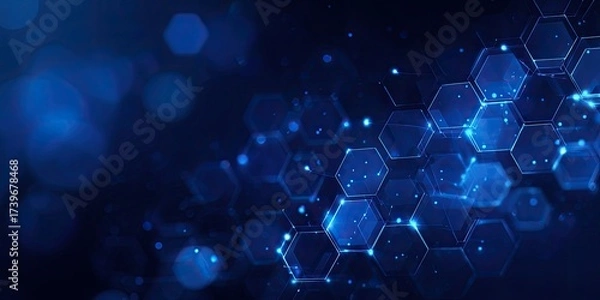 Obraz Abstract blue background with hexagonal shapes, bokeh effect, and glowing particles for a modern digital design