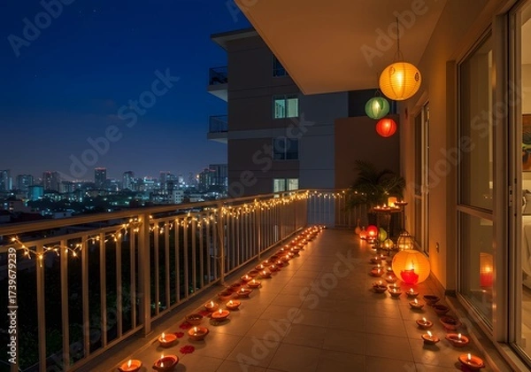 Obraz A balcony decorated with numerous lit candles and string lights at twilight, overlooking a cityscape, creating a festive and romantic ambiance for a celebration like diwali