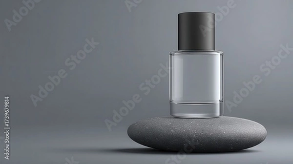 Fototapeta Clear Perfume Bottle on a Grey Stone in a Studio