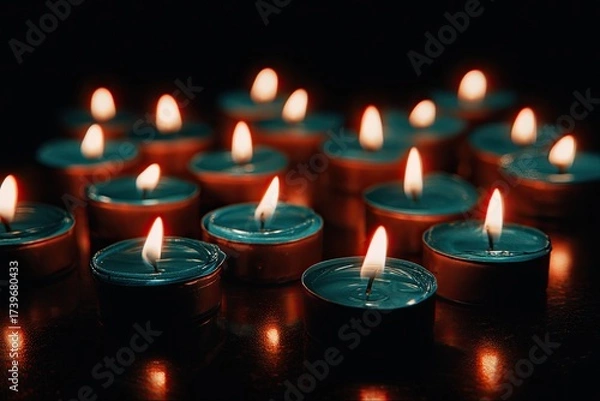 Obraz Teal and copper candle arrangement against a stark black background, creating a warm glow