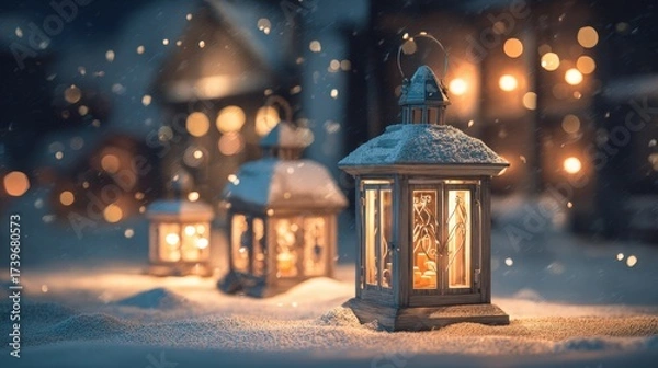 Fototapeta Three lanterns are lit up in the snow