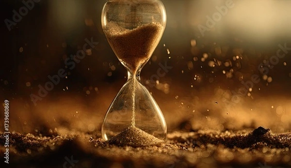 Fototapeta Close-up of a glass hourglass with golden sand flowing, surrounded by sand-like particles