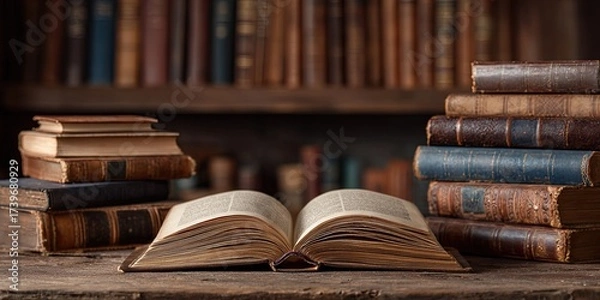 Obraz Close-up of old books a stack, a open book, and many more books stacked in background
