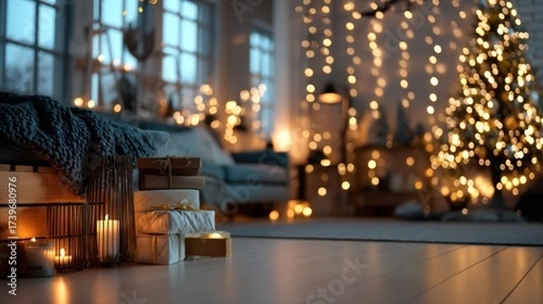 Fototapeta A Christmas tree is lit up in a room with a blanket on the floor