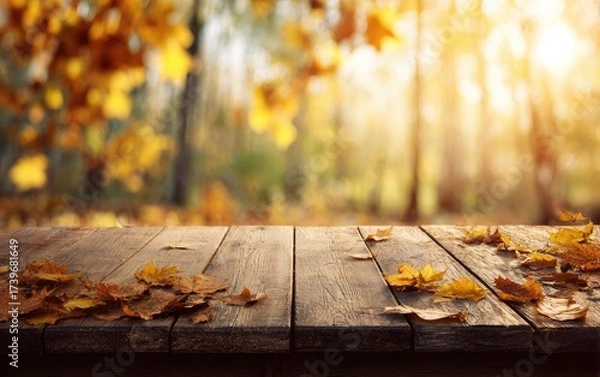 Fototapeta Wooden table with fallen leaves in foreground, soft focus of autumn foliage and sunlight