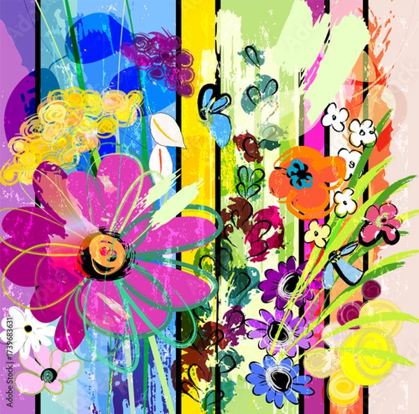 Fototapeta abstract background composition with flowers, with paint strokes, splashes and geometric lines