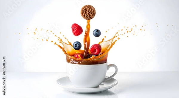 Fototapeta Coffee splash with berries and honey spoon