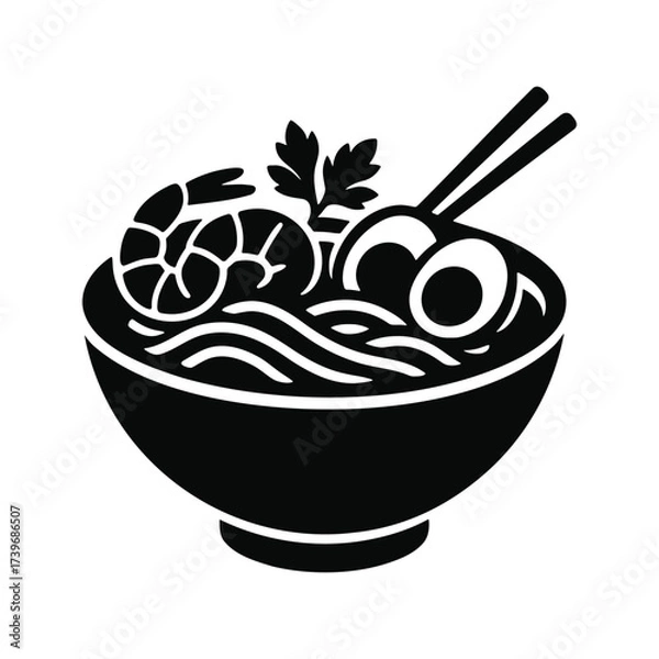 Fototapeta Vector silhouette of a bowl of ramen with shrimp and chopsticks.