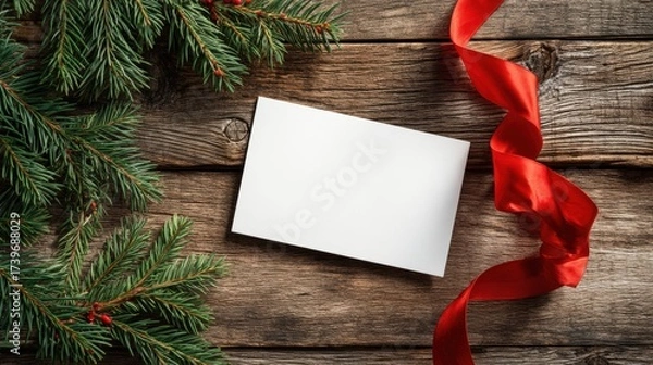 Fototapeta A white card with a red ribbon on top of it