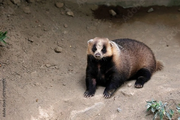 Obraz 地面に座ったカメラ目線のニホンアナグマ