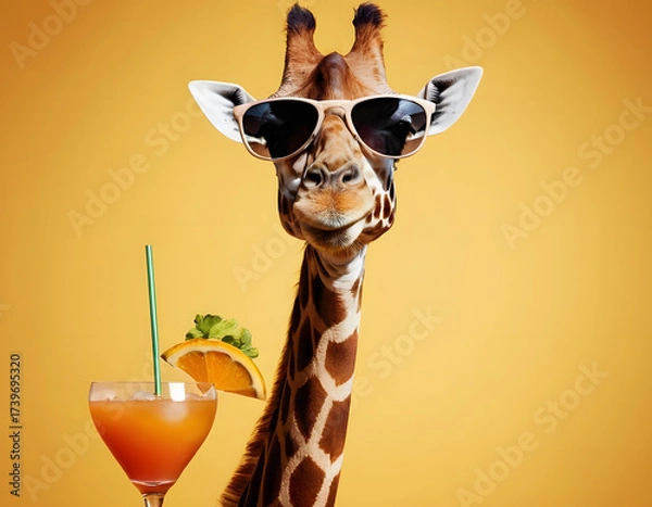 Fototapeta Portrait of giraffe in sunglasses with cocktail, portrait of a giraffe, giraffe close up