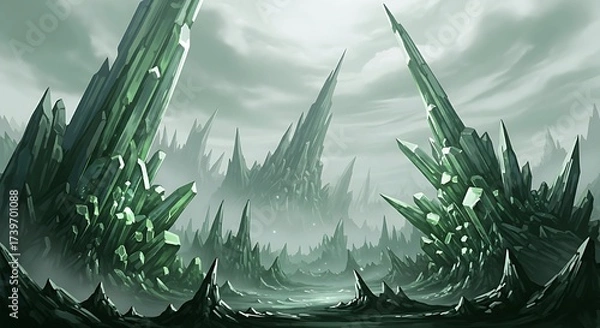 Fototapeta Landscape view of sharp crystals in a foggy and mysterious scenery