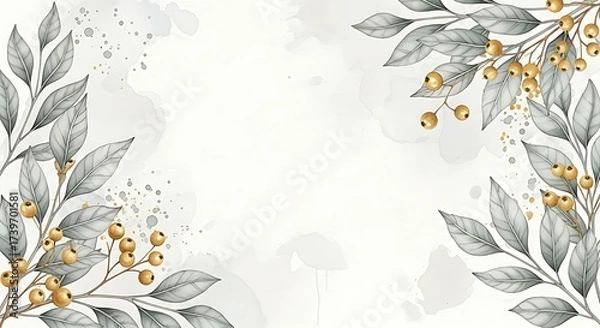 Obraz Elegant watercolor floral border with delicate leaves and golden berries on a soft parchment background