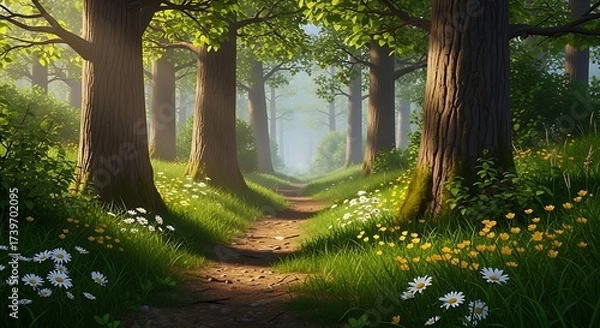 Fototapeta A dirt path winding through a forest with flowers and green foliage