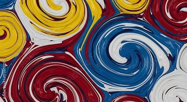 Fototapeta An abstract close-up texture of thick, swirling paint in vibrant primary colors: red, white, blue, and yellow creating a hypnotic marble pattern