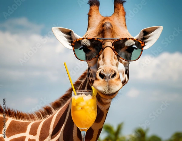 Fototapeta Portrait of giraffe in sunglasses with cocktail, portrait of a giraffe, giraffe close up