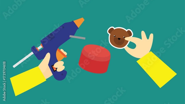 Obraz Hand holding a drill and a teddy bear. Vector illustration.