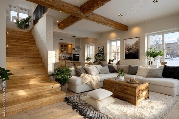 Fototapeta Ceiling with wood above the sofa and room. Generative AI