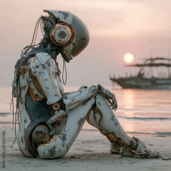 Fototapeta Robot on the background of the sea and ship. Generative AI