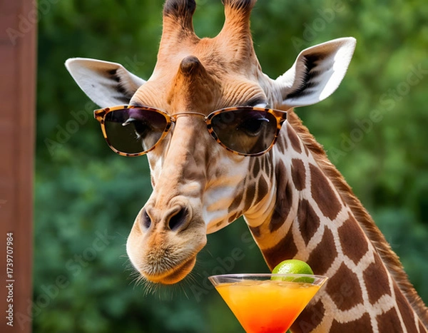 Fototapeta Portrait of giraffe in sunglasses with cocktail, portrait of a giraffe, giraffe close up
