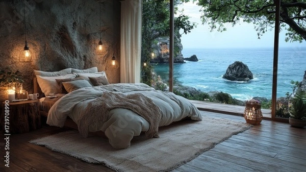Fototapeta Big bed at the resort. Generative AI
