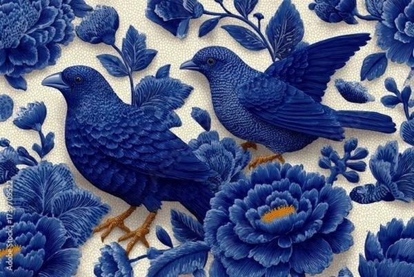 Fototapeta Two blue birds in a meadow of flowers. Generative AI
