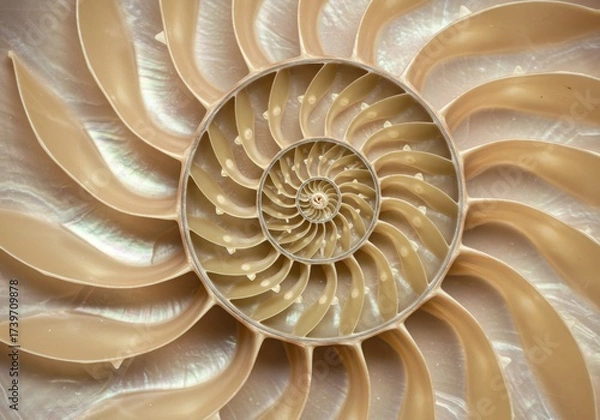 Obraz Detailed fibonacci spiral pattern in a cut nautilus shell revealing its inner chamber structure