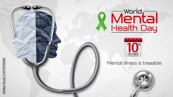 Fototapeta Mental Health Awareness month Depression concept design with abstract human head profile and Green ribbon design Vector Illustration