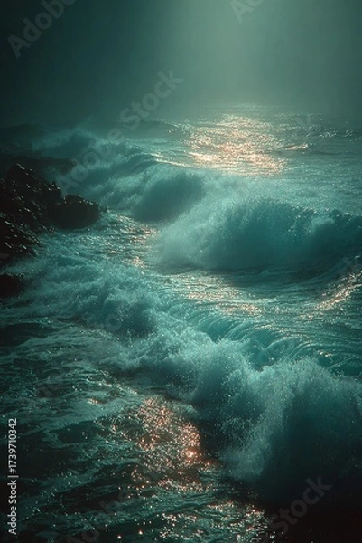 Fototapeta The moon illuminates the waves. Generative AI