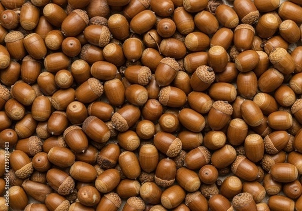Obraz Top view background texture of many ripe brown acorns from an oak tree creating an autumn pattern