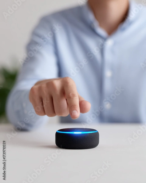 Fototapeta Focused person using hand to activate smart speaker. Man with intent interacting with voice control smart assistant gadget for smart home automation and modern technology