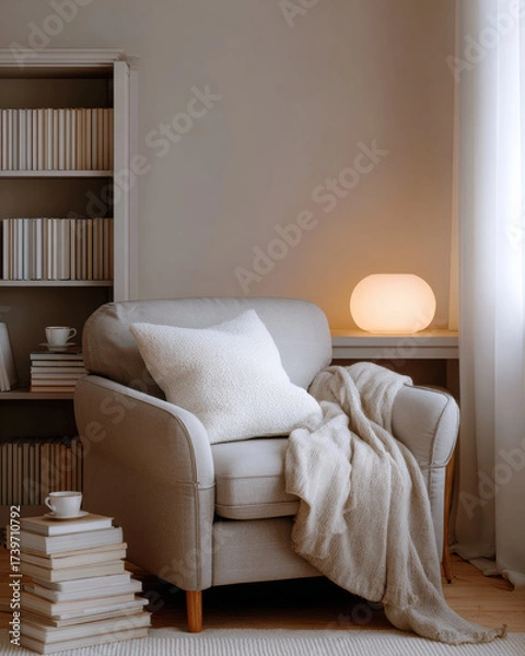Fototapeta Cozy comfortable armchair in serene reading nook at home. calm interior features warm lamp, bookshelf, and many book, creating relaxing and peaceful atmosphere