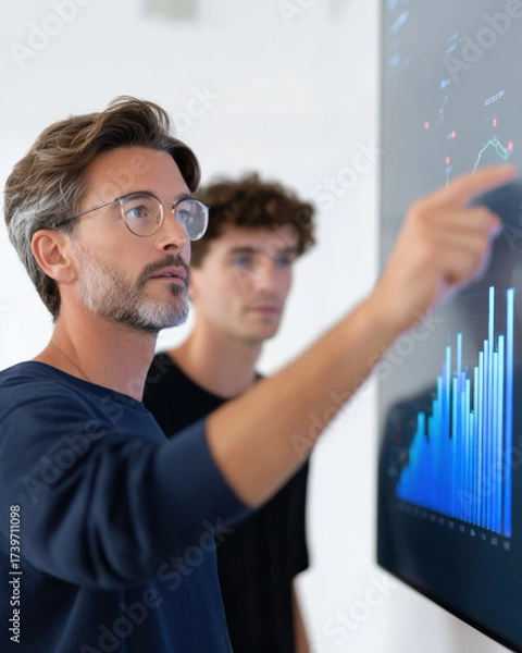 Fototapeta Focused professional mentor guiding younger colleague through business data analysis. man points to chart on large screen, showing important financial information