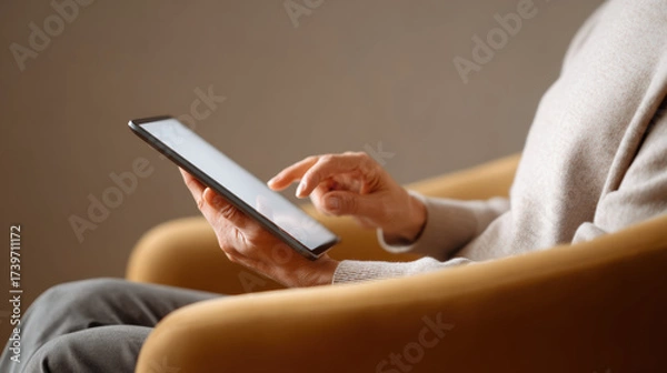 Fototapeta Relaxed person using phone while sitting in yellow armchair at home. Closeup of hand scrolling on screen, using modern technology to browse internet