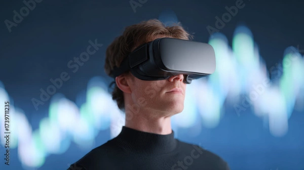 Fototapeta Focused young man wearing virtual reality headset. person experiences future technology and digital simulation with high fidelity gadget for an immersive entertainment