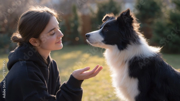 Fototapeta Happy teenager teaching Border Collie dog new trick during outdoor training. young woman and pet share loving, gentle moment of bonding and friendship in park