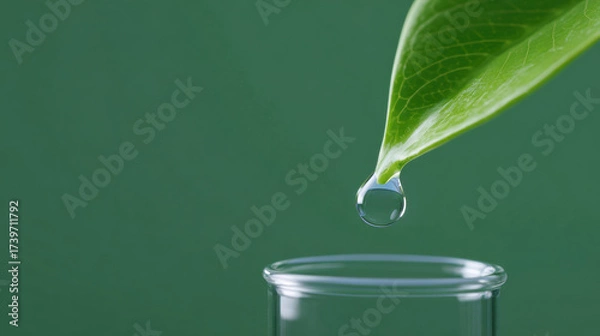 Fototapeta Serene close up macro shot showing single pure drop of clear liquid from green leaf falling into test tube, representing research, science and natural essence