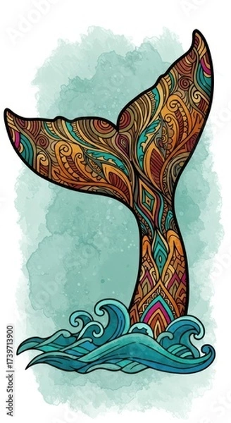 Fototapeta Intricate, ornamental design illustrates a whale tail emerging from ocean waves, showcasing a vibrant palette of orange, teal, and brown hues.
