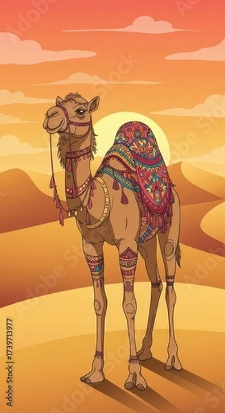 Fototapeta An illustration showcasing a decorated camel standing proudly in a desert landscape, illuminated by the warm glow of the setting sun against a sky filled with soft clouds.