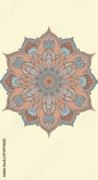 Fototapeta Intricate, symmetrical floral design displays an elegant, ornamental pattern with soft peach, blue, and gray tones.