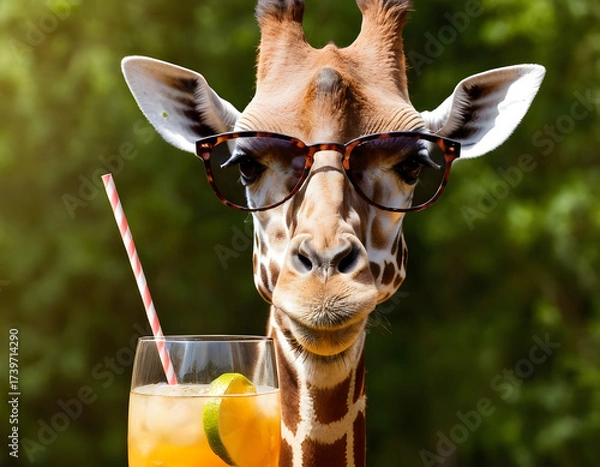 Fototapeta Portrait of giraffe in sunglasses with cocktail, portrait of a giraffe, giraffe close up