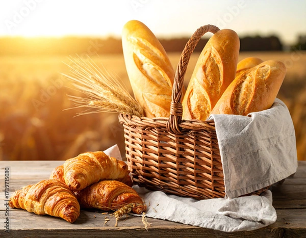 Obraz Basket Of Fresh Breads In Rustic Kitchen With Warm Sunlight And Croissants