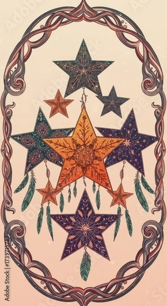 Fototapeta Intricate illustration depicts a symmetrical arrangement of stylized stars in various colors and detailed patterns, embellished with decorative elements like feathers, all framed by an ornamental...