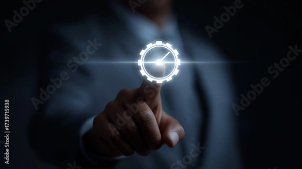 Fototapeta Businessman Touching Gear and Time Icon Representing Process Automation, Workflow Optimization and Effective Time Management