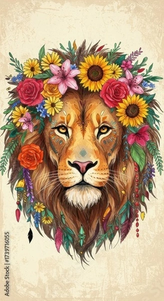 Fototapeta Majestic artwork showcases a lion's head adorned with a vibrant floral crown, featuring sunflowers, roses, and other colorful blooms, creating a bohemian and artistic aesthetic
