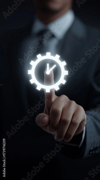 Fototapeta Businessman Touching Gear and Time Icon Representing Process Automation, Workflow Optimization and Effective Time Management, Vertical