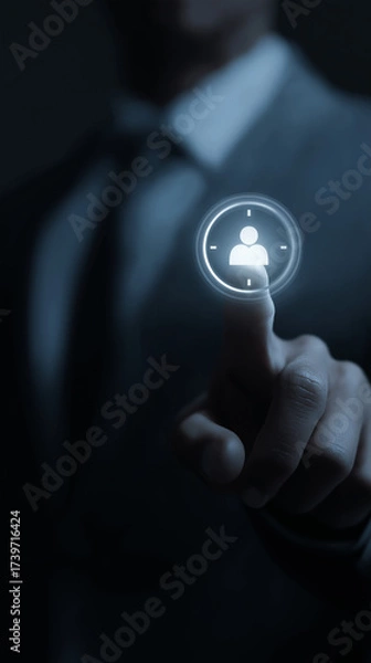 Fototapeta Businessman Touching Time and Employee Icon Representing Workforce Scheduling, Productivity Management and Optimizing Employee Performance, Vertical