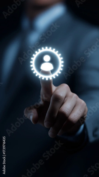 Fototapeta Businessman Touching Gear and Person Icon Representing Human Resources Management, Employee Performance and Workforce Optimization, Vertical