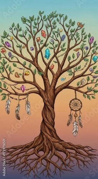 Fototapeta Symbolic representation of a tree adorned with crystals, beads, and feathers, standing against a gradient background.