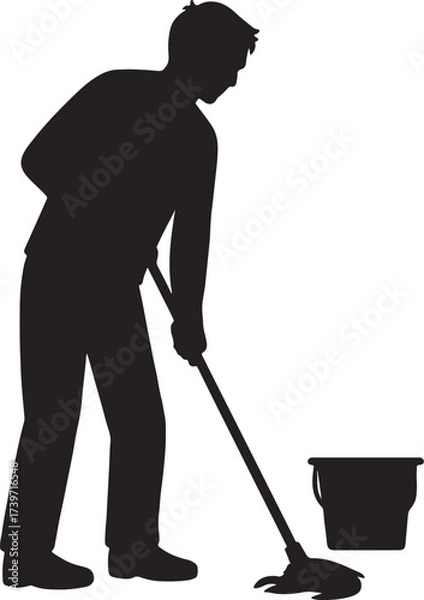 Fototapeta Silhouette of a person mopping with a bucket janitor cleaning